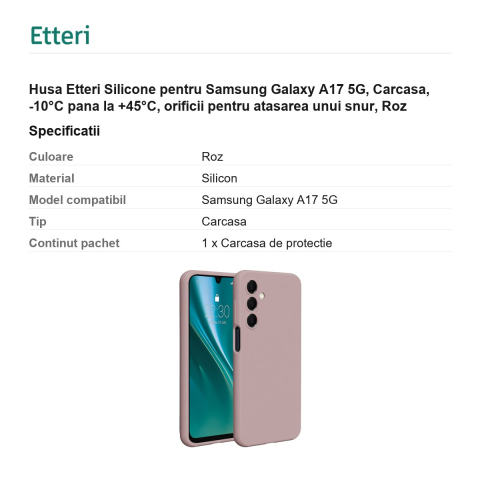 Husa Etteri Silicone pentru Samsung Galaxy A17 5G, Carcasa, -10°C pana la +45°C, orificii pentru atasarea unui snur, Roz [2]