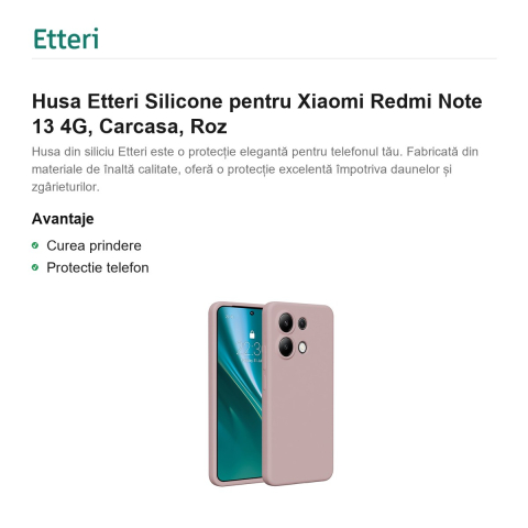 Husa Etteri Silicone pentru Xiaomi Redmi Note 13 4G, Carcasa, Roz [1]