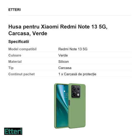Husa Etteri Silicone pentru Xiaomi Redmi Note 13 5G, Carcasa, Verde [2]