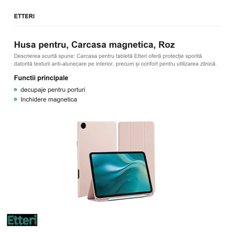 Husa Etteri Tab pentru Samsung Galaxy Tab A9, Carcasa magnetica, Roz [1]