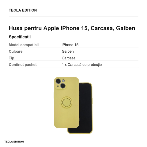 Husa Finger Grip pentru Apple iPhone 15, Carcasa, Galben [2]