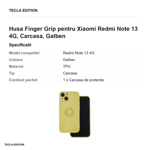 Husa Finger Grip pentru Xiaomi Redmi Note 13 4G, Carcasa, Galben [2]