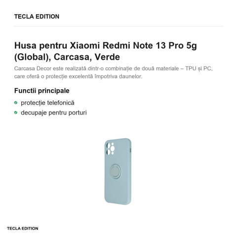 Husa Finger Grip pentru Xiaomi Redmi Note 13 Pro 5g (Global), Carcasa, Verde [1]