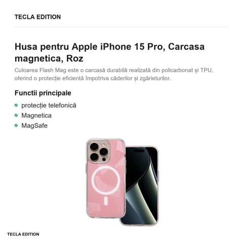 Husa Flash Mag pentru Apple iPhone 15 Pro, Carcasa magnetica, Roz [1]