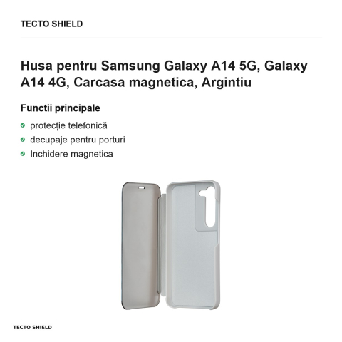Husa Fold Mirror View pentru Samsung Galaxy A14 5G, Galaxy A14 4G, tip carte cu inchidere magnetica, Argintiu [1]