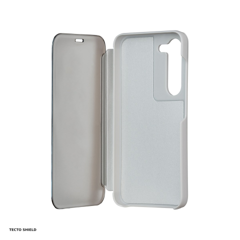 Huse si protectii smartphone - Husa Fold Mirror View pentru Samsung Galaxy A14 5G, Galaxy A14 4G, tip carte cu inchidere magnetica, Argintiu