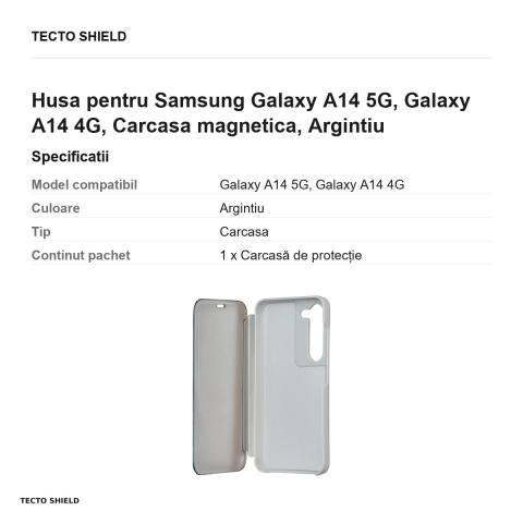 Husa Fold Mirror View pentru Samsung Galaxy A14 5G, Galaxy A14 4G, tip carte cu inchidere magnetica, Argintiu [2]