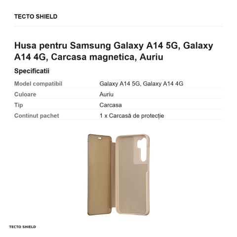Husa Fold Mirror View pentru Samsung Galaxy A14 5G, Galaxy A14 4G, tip carte cu inchidere magnetica, Auriu [2]