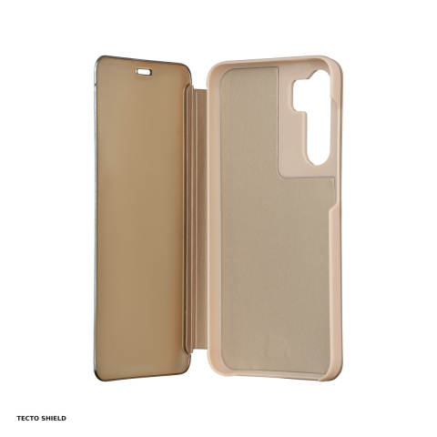 Huse si protectii smartphone - Husa Fold Mirror View pentru Samsung Galaxy S23 FE, tip carte cu inchidere magnetica, Auriu