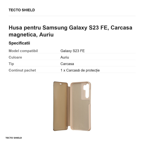 Husa Fold Mirror View pentru Samsung Galaxy S23 FE, tip carte cu inchidere magnetica, Auriu [2]