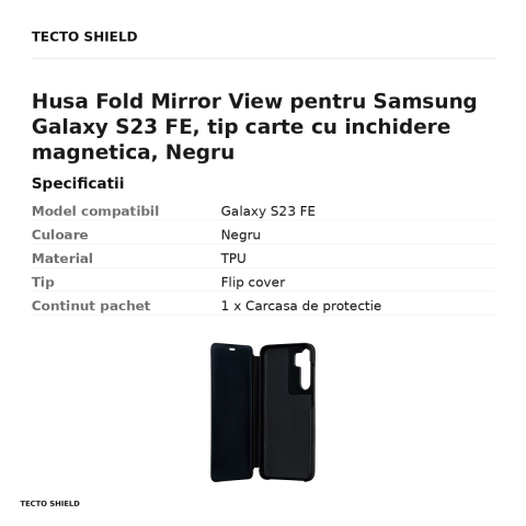 Husa Fold Mirror View pentru Samsung Galaxy S23 FE, tip carte cu inchidere magnetica, Negru [2]
