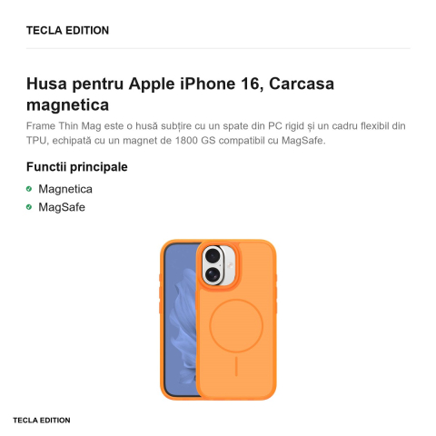 Husa Frame Thin Mag pentru Apple iPhone 16, Carcasa magnetica, Portocaliu [1]