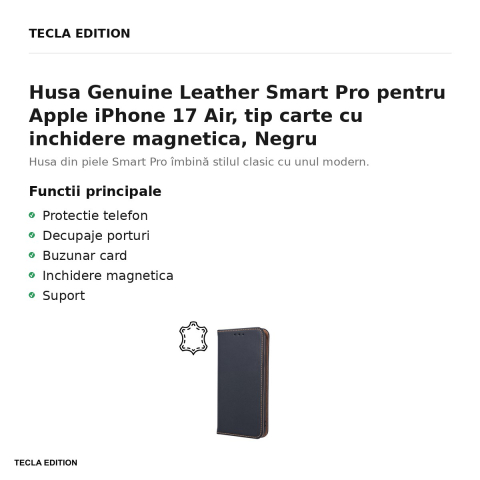 Husa Genuine Leather Smart Pro pentru Apple iPhone 17 Air, tip carte cu inchidere magnetica, Negru [1]