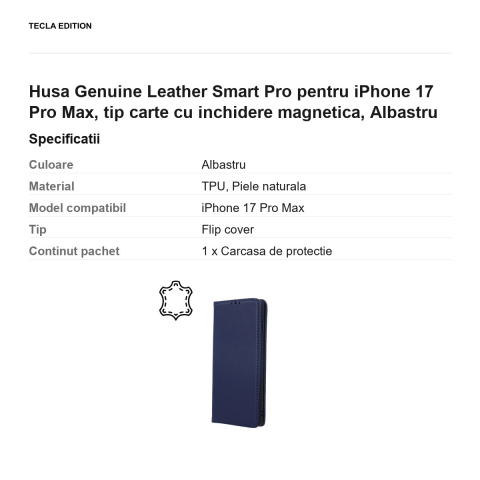 Husa Genuine Leather Smart Pro pentru iPhone 17 Pro Max, tip carte cu inchidere magnetica, Albastru [2]