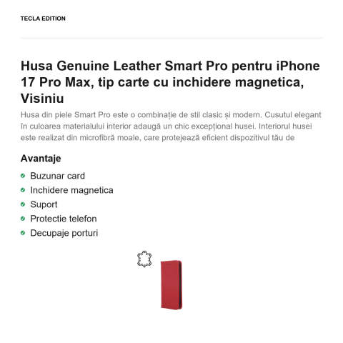 Husa Genuine Leather Smart Pro pentru iPhone 17 Pro Max, tip carte cu inchidere magnetica, Visiniu [1]