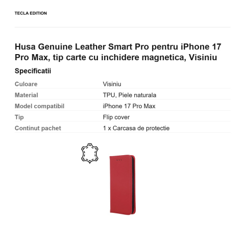 Husa Genuine Leather Smart Pro pentru iPhone 17 Pro Max, tip carte cu inchidere magnetica, Visiniu [2]