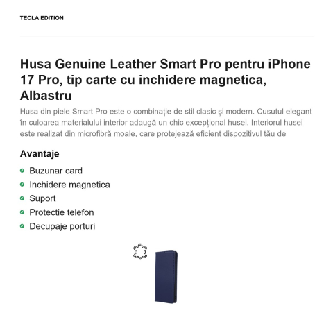 Husa Genuine Leather Smart Pro pentru iPhone 17 Pro, tip carte cu inchidere magnetica, Albastru [1]