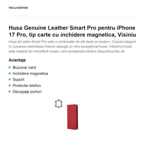 Husa Genuine Leather Smart Pro pentru iPhone 17 Pro, tip carte cu inchidere magnetica, Visiniu [1]