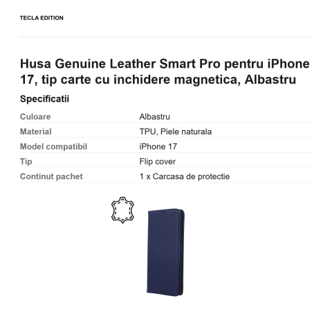 Husa Genuine Leather Smart Pro pentru iPhone 17, tip carte cu inchidere magnetica, Albastru [2]