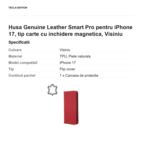 Husa Genuine Leather Smart Pro pentru iPhone 17, tip carte cu inchidere magnetica, Visiniu [2]