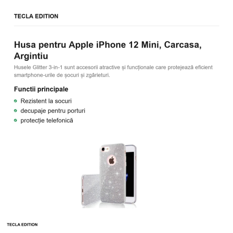 Husa Glitter 3in1 pentru Apple iPhone 12 Mini, Carcasa, Argintiu [1]