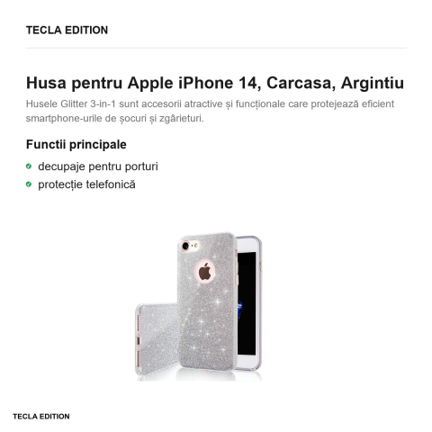 Husa Glitter 3in1 pentru Apple iPhone 14, Carcasa, Argintiu [1]