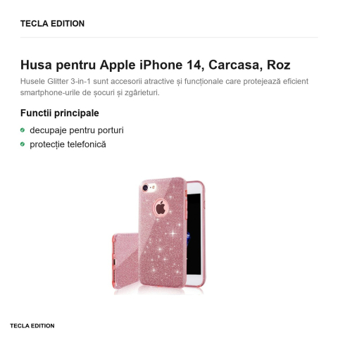 Husa Glitter 3in1 pentru Apple iPhone 14, Carcasa, Roz [1]