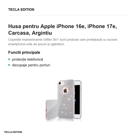 Husa Glitter 3in1 pentru Apple iPhone 16e, iPhone 17e, Carcasa, Argintiu [1]