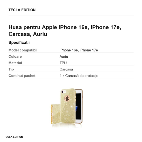 Husa Glitter 3in1 pentru Apple iPhone 16e, iPhone 17e, Carcasa, Auriu [2]