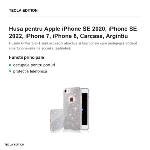 Husa Glitter 3in1 pentru Apple iPhone SE 2020, iPhone SE 2022, iPhone 7, iPhone 8, Carcasa, Argintiu [1]