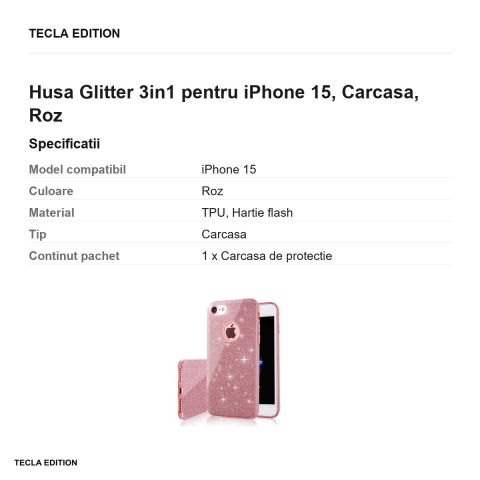 Husa Glitter 3in1 pentru iPhone 15, Carcasa, Roz [2]