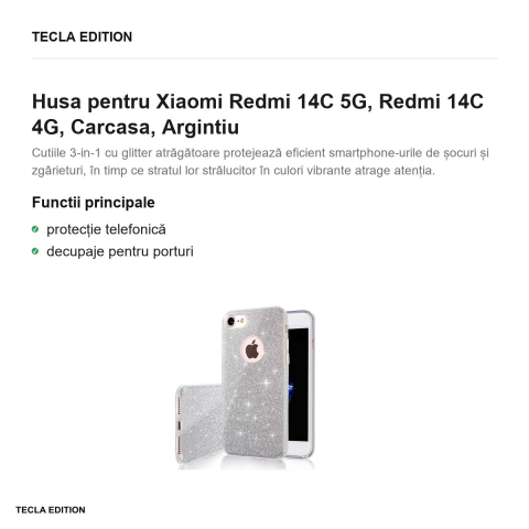 Husa Glitter 3in1 pentru Xiaomi Redmi 14C 5G, Redmi 14C 4G, Carcasa, Argintiu [1]