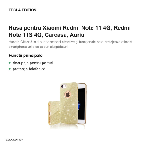 Husa Glitter 3in1 pentru Xiaomi Redmi Note 11 4G, Redmi Note 11S 4G, Carcasa, Auriu [1]