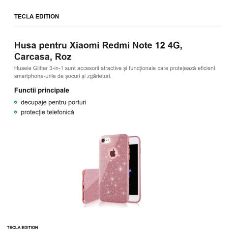 Husa Glitter 3in1 pentru Xiaomi Redmi Note 12 4G, Carcasa, Roz [1]