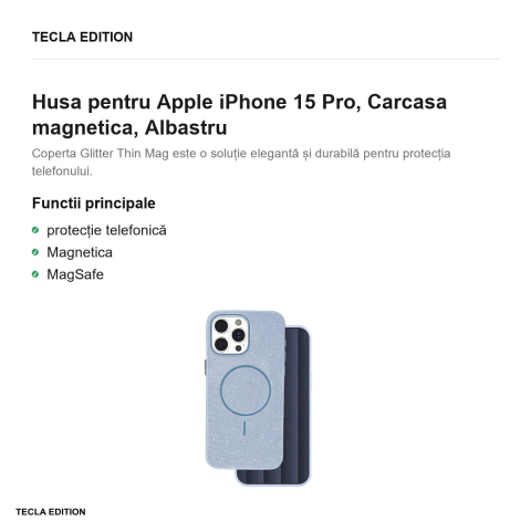 Husa Glitter Thin Mag pentru Apple iPhone 15 Pro, Carcasa magnetica, Albastru [1]