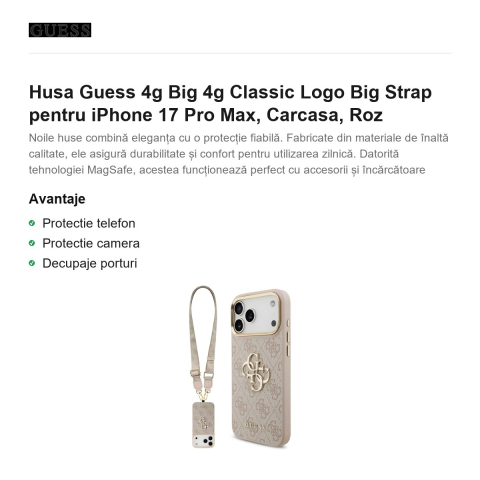 Husa Guess 4g Big 4g Classic Logo Big Strap pentru iPhone 17 Pro Max, Carcasa, Roz [1]