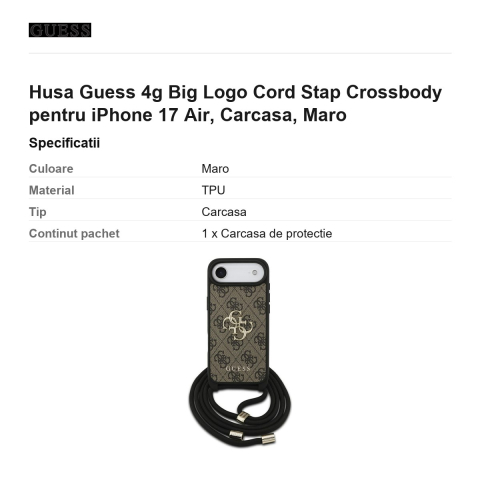 Husa Guess 4g Big Logo Cord Stap Crossbody pentru iPhone 17 Air, Carcasa, Maro [2]