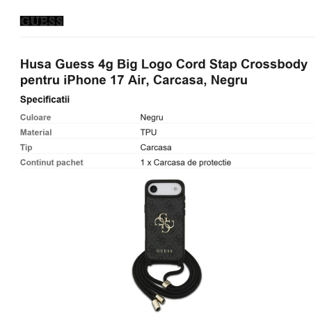 Husa Guess 4g Big Logo Cord Stap Crossbody pentru iPhone 17 Air, Carcasa, Negru [2]