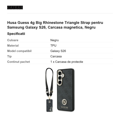 Husa Guess 4g Big Rhinestone Triangle Strap pentru Samsung Galaxy S26, Carcasa magnetica, Negru [2]