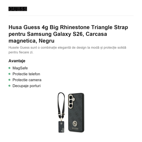 Husa Guess 4g Big Rhinestone Triangle Strap pentru Samsung Galaxy S26, Carcasa magnetica, Negru [1]