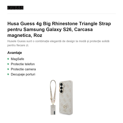 Husa Guess 4g Big Rhinestone Triangle Strap pentru Samsung Galaxy S26, Carcasa magnetica, Roz [1]