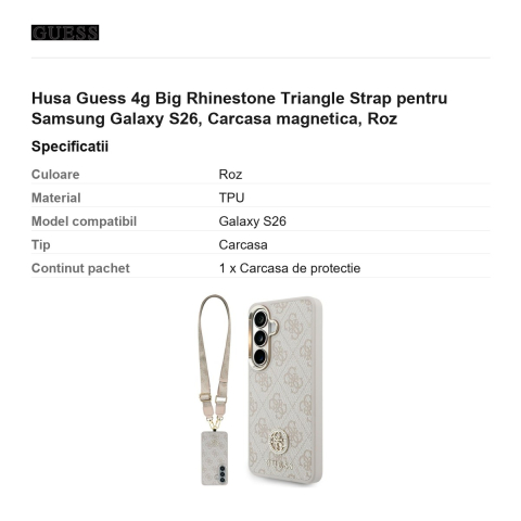 Husa Guess 4g Big Rhinestone Triangle Strap pentru Samsung Galaxy S26, Carcasa magnetica, Roz [2]