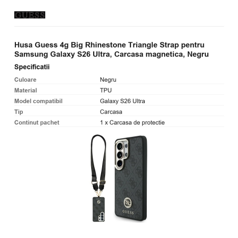 Husa Guess 4g Big Rhinestone Triangle Strap pentru Samsung Galaxy S26 Ultra, Carcasa magnetica, Negru [2]