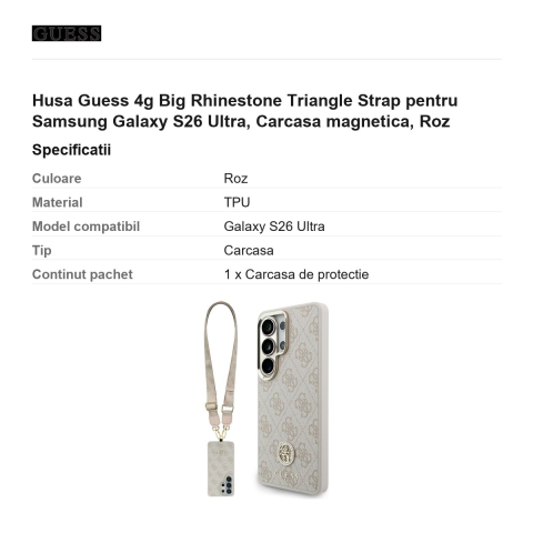 Husa Guess 4g Big Rhinestone Triangle Strap pentru Samsung Galaxy S26 Ultra, Carcasa magnetica, Roz [2]