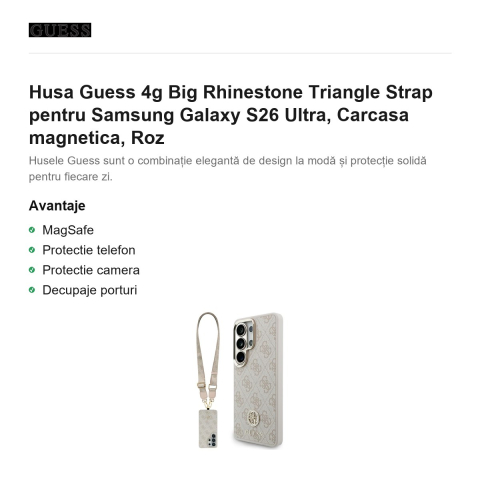 Husa Guess 4g Big Rhinestone Triangle Strap pentru Samsung Galaxy S26 Ultra, Carcasa magnetica, Roz [1]