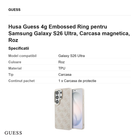 Husa Guess 4g Embossed Ring pentru Samsung Galaxy S26 Ultra, Carcasa magnetica, Roz [2]