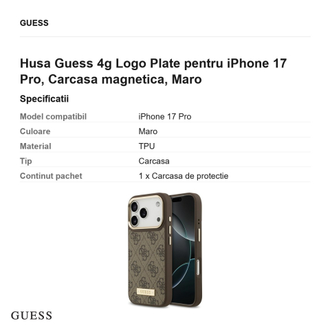 Husa Guess 4g Logo Plate pentru iPhone 17 Pro, Carcasa magnetica, Maro [2]