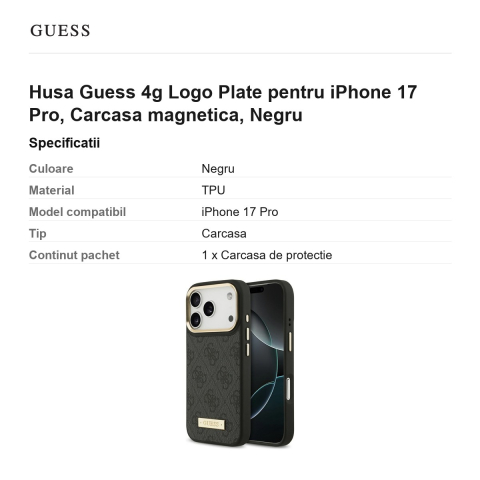 Husa Guess 4g Logo Plate pentru iPhone 17 Pro, Carcasa magnetica, Negru [2]