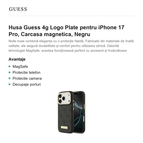 Husa Guess 4g Logo Plate pentru iPhone 17 Pro, Carcasa magnetica, Negru [1]