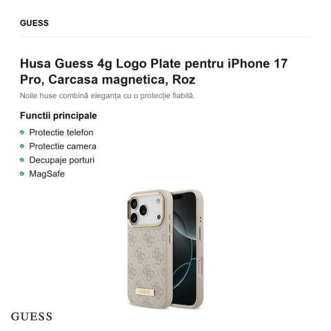 Husa Guess 4g Logo Plate pentru iPhone 17 Pro, Carcasa magnetica, Roz [1]